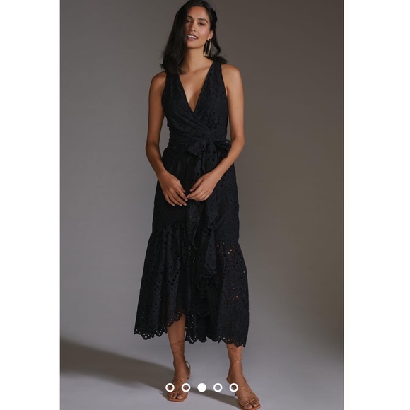 Anthropologie Maeve Eyelet Wrap Midi Dress Black ANTHRO NEW Summer party Maxi - Picture 2 of 9